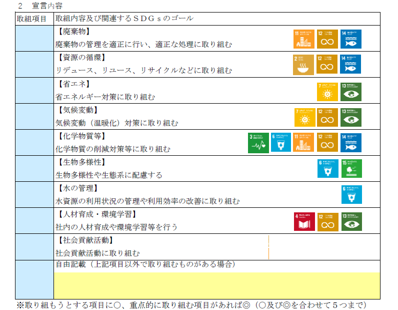 埼玉県環境SDGs取組宣言企業制度　宣言書にある取組内容は次のとおりです。（1）廃棄物の適正管理（2）資源の循環3R運動（3）省エネ（4）温暖化対策（5）化学物質の削減対策（6）生物多様性（7）水資源の管理・利用効率の改善（8）人材育成・環境教育（9）社会貢献活動