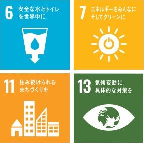 SDGｓロゴ写真　6安全な水とトイレを世界中に　7エネルギーをみんなにそしてクリーンに　11住み続けられるまちづくりを　13気候変動に具体的な対策を