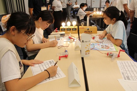 白熱灯、蛍光灯、LEDの明るさや熱さを観察しているこどもたちの画像